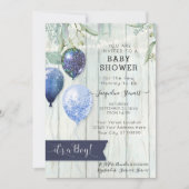 ネイビーブルーバルーン素朴ウッドボーイベビーシャワー 招待状 (正面)