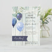 ネイビーブルーバルーン素朴ウッドボーイベビーシャワー 招待状 (スタンド正面)