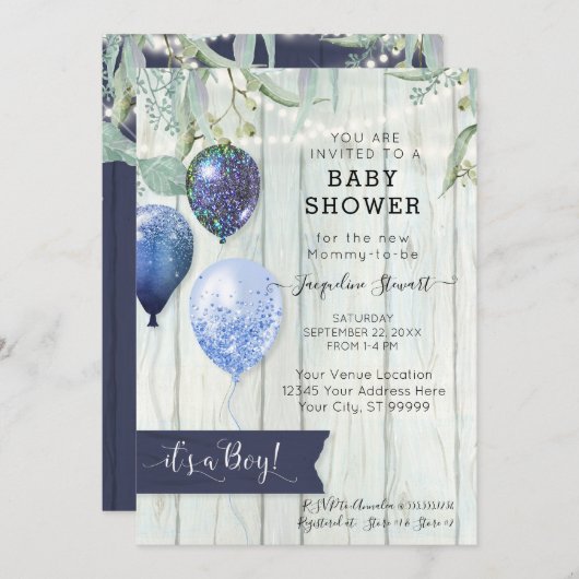 ネイビーブルーバルーン素朴ウッドボーイベビーシャワー 招待状 (正面/裏面)