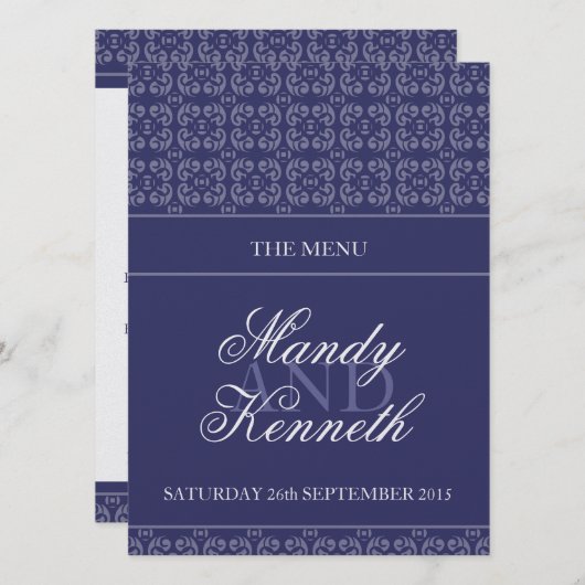 ネイビーブルーバンド結婚メタリックのディナーメニュー メニュー (正面/裏面)