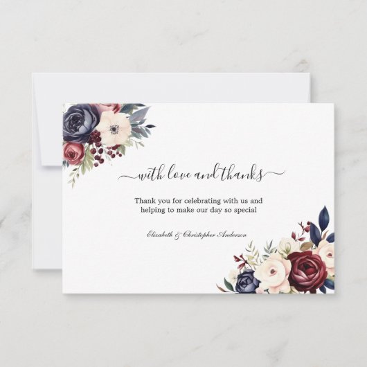 ネイビーブルーバーガンディークリームフローラグリーン結婚リー サンキューカード (正面)