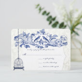 ネイビーブルーバードケージオークヴィンテージ結婚バード 出欠カード (スタンド正面)