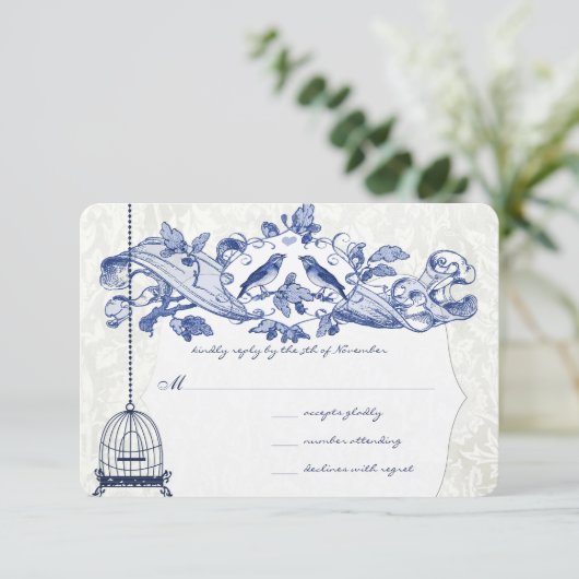 ネイビーブルーバードケージオークヴィンテージ結婚バード 出欠カード (スタンド正面)