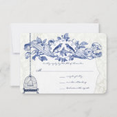 ネイビーブルーバードケージオークヴィンテージ結婚バード 出欠カード (正面)