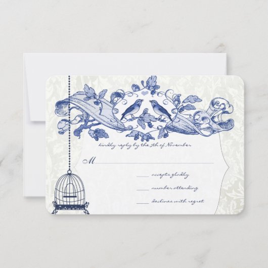 ネイビーブルーバードケージオークヴィンテージ結婚バード 出欠カード (正面)