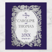 ネイビーブルーバード華美フローラ結婚スケッチ ワインラベル (シングルラベル)