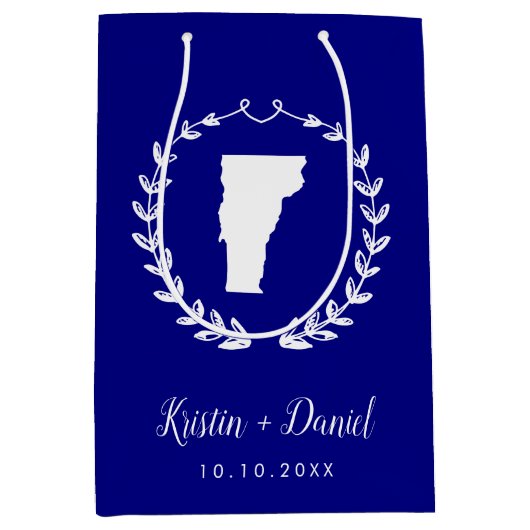 ネイビーブルーバーモント結婚マップの歓迎スワッグ ミディアムペーパーバッグ (正面)