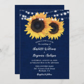 ネイビーブルーバーラップひまわり結婚の花 招待状 (正面/裏面)