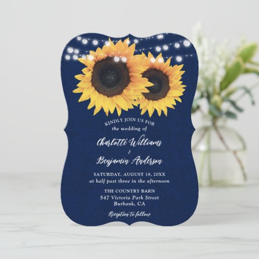 ネイビーブルーバーラップひまわり結婚の花 招待状 (スタンド正面)
