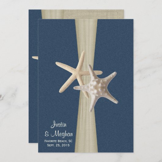 ネイビーブルーバーラップアンドスターフィッシュビーチ結婚式 招待状 (正面/裏面)