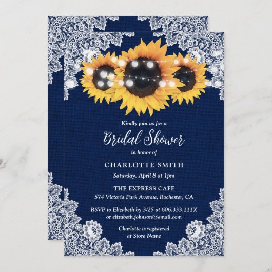 ネイビーブルーバーラップアンドレースサンフラワーブライダルシャワー 招待状 (正面/裏面)