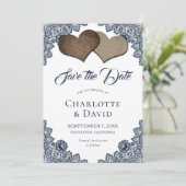 ネイビーブルーバーラップレース結婚式の日付カードを保存 セーブザデート (スタンド正面)