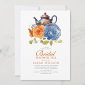 ネイビーブルーバーンオレンジフローラブライダルシャワー茶 招待状 (正面)