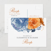 ネイビーブルーバーンオレンジフローラ秋の結婚式Rsvp ポストカード (正面/裏面)