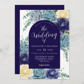 ネイビーブルーバーンオレンジ素朴フローラ秋の結婚式 招待状 (正面/裏面)