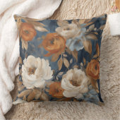 ネイビーブルーバーンドオレンジウォーターカラーフローラ クッション (ブランケット)