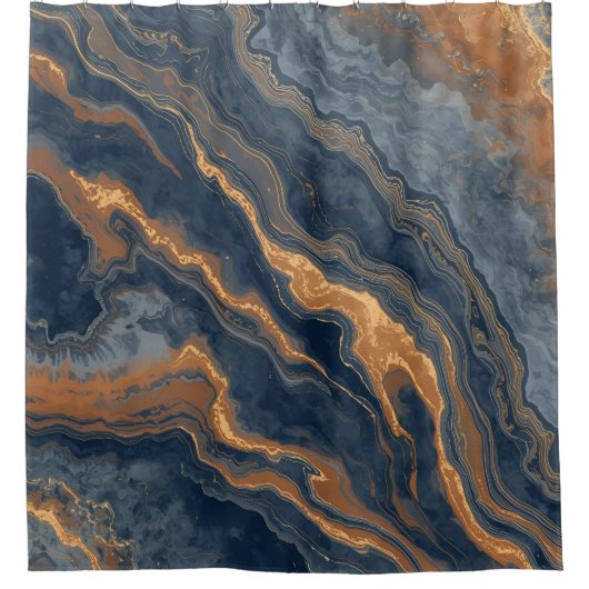 ネイビーブルーバーンドオレンジダスティブルー シャワーカーテン (正面)