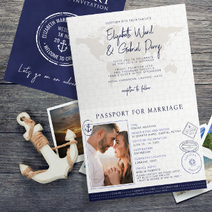ネイビーブルーパスポ航海のート先結婚式 招待状