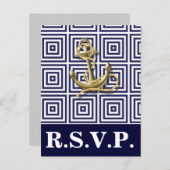 ネイビーブルーパターンいかり航海のウェディングsvp インビテーションポストカード (正面/裏面)