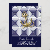 ネイビーブルーパターンいかり航海のリハーサルディナー 招待状 (正面/裏面)