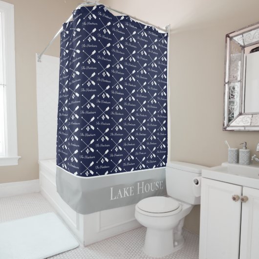 ネイビーブルーパドルモノグラムレイクハ航海のウス シャワーカーテン (インサイチュ)