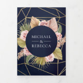 ネイビーブルーパンパスダスティピンクローズQRコード結婚ズ 三つ折り招待状 (カバー)