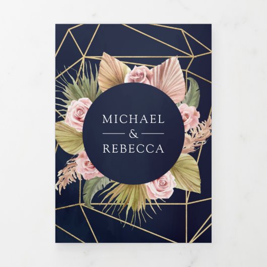 ネイビーブルーパンパスダスティピンクローズQRコード結婚ズ 三つ折り招待状 (カバー)