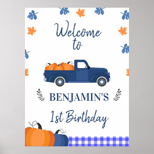 ネイビーブルーパンプキントラック誕生日ウェルカムサイン ポスター (正面)