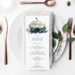 ネイビーブルーパンプキン秋の結婚式メニューまたはシャワーメニュー メニュー<br><div class="desc">これらの素敵なカードに美味しいメニューを表示する – 各プレートに配置するのに最適なサイズ！このデザインは、美しいスクリプトフォントと美しいネイビーブルーパンプキン秋フローラブーケを備えている。食品アイテムを簡単に編集！一致するアイテムの詳細については、コレクションを参照する</div>