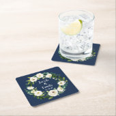 ネイビーブルーパーソナライズされたグリーン名結婚日 スクエアペーパーコースター (インサイチュ)