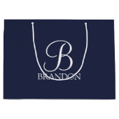 ネイビーブルーパーソナライズされたスクリプトモノグラムと名前 ラージペーパーバッグ (正面)