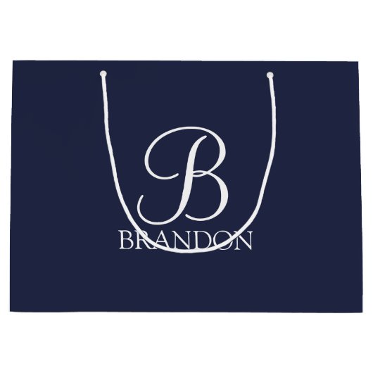 ネイビーブルーパーソナライズされたスクリプトモノグラムと名前 ラージペーパーバッグ (正面)