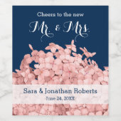 ネイビーブルーパーソナライズドウェディングにピンクのあじさい ワインラベル (シングルラベル)