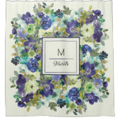 ネイビーブルーパープルグリーンウォーター色フローラモノグラム シャワーカーテン (正面)