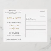 ネイビーブルーパープルジオメトリック金ゴールド結婚レタリング 箔招待状ポストカード (裏面)