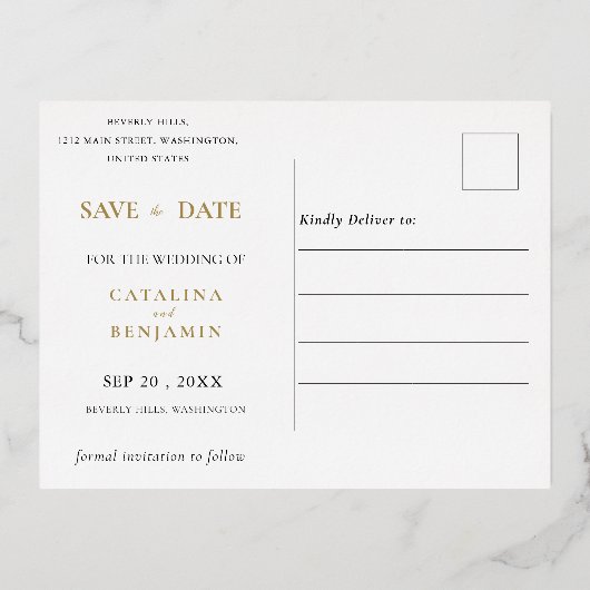 ネイビーブルーパープルジオメトリック金ゴールド結婚レタリング 箔招待状ポストカード (裏面)