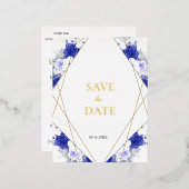 ネイビーブルーパープルジオメトリック金ゴールド結婚レタリング 箔招待状ポストカード (正面/裏面)