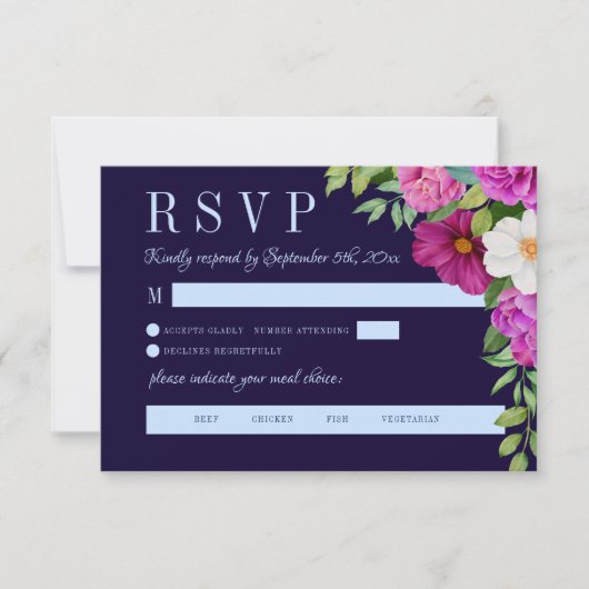 ネイビーブルーパープルピンクの花はっきりしたの食事の選択 出欠カード (正面)