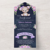ネイビーブルーパープルフローラテディベア赤ちゃんシャワー オールインワン招待状 (内側)