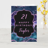 ネイビーブルーパープル海アゲートハッピーバースデー カード (黄色い花)