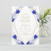 ネイビーブルーパープル金ゴールドレタリングジオメト結婚リ 招待状 (スタンド正面)