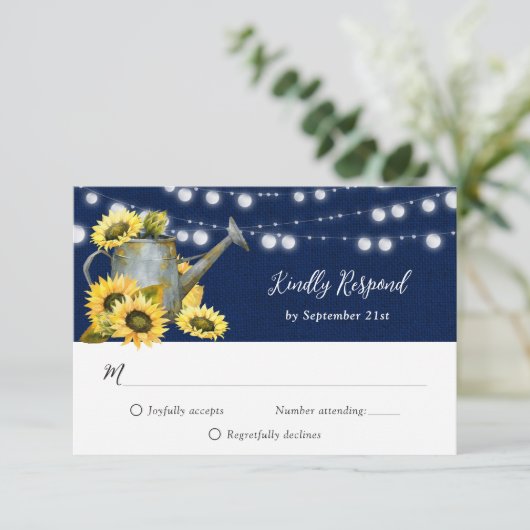 ネイビーブルーヒマワリ散水缶バーラップ結婚ズ 出欠カード (スタンド正面)