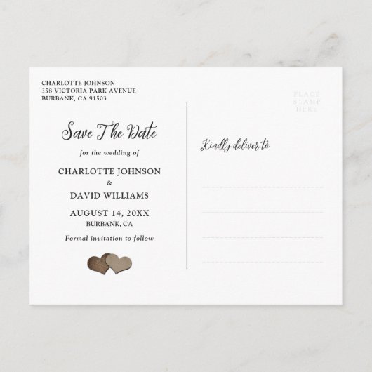 ネイビーブルーヒマワリ散水缶木材結婚の 案内ポストカード (裏面)