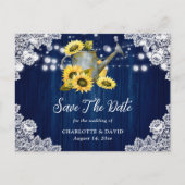 ネイビーブルーヒマワリ散水缶木材結婚の 案内ポストカード (正面)