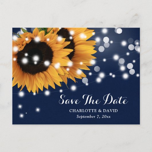 ネイビーブルーヒマワリ結婚ストリングライト 案内ポストカード (正面)