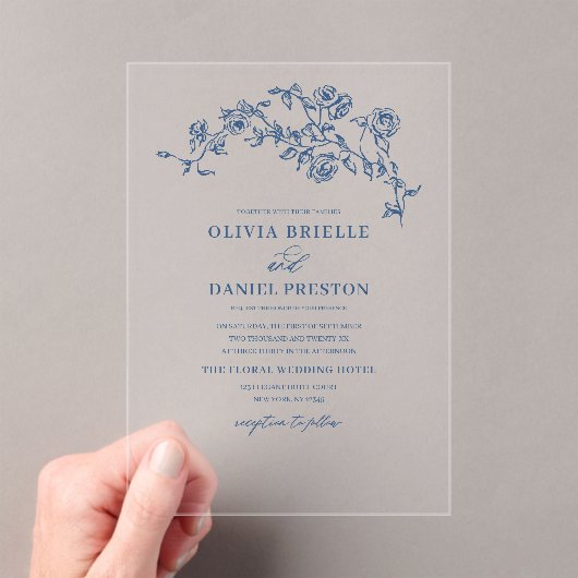 ネイビーブルービクトリアンフローラエレガフランスのントウェディング アクリル招待状 (インサイチュ (ポータブル))