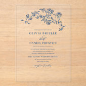 ネイビーブルービクトリアンフローラエレガフランスのントウェディング アクリル招待状 (正面)