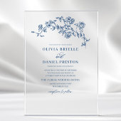 ネイビーブルービクトリアンフローラエレガフランスのントウェディング アクリル招待状