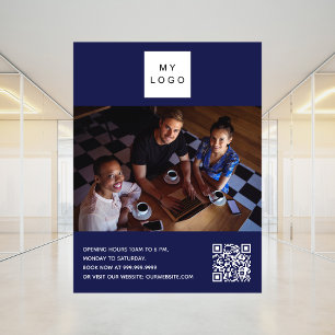 ネイビーブルービジネスロゴ写真ようこそQRコード ポスター
