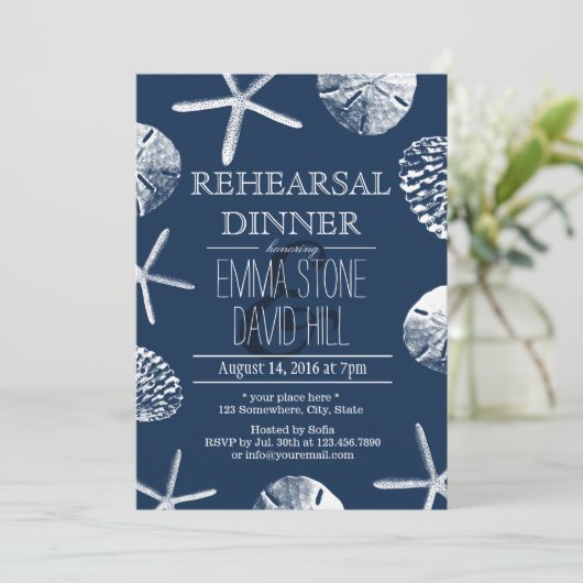 ネイビーブルービーチシーシェル結婚ズリハーサルディナー 招待状 (スタンド正面)